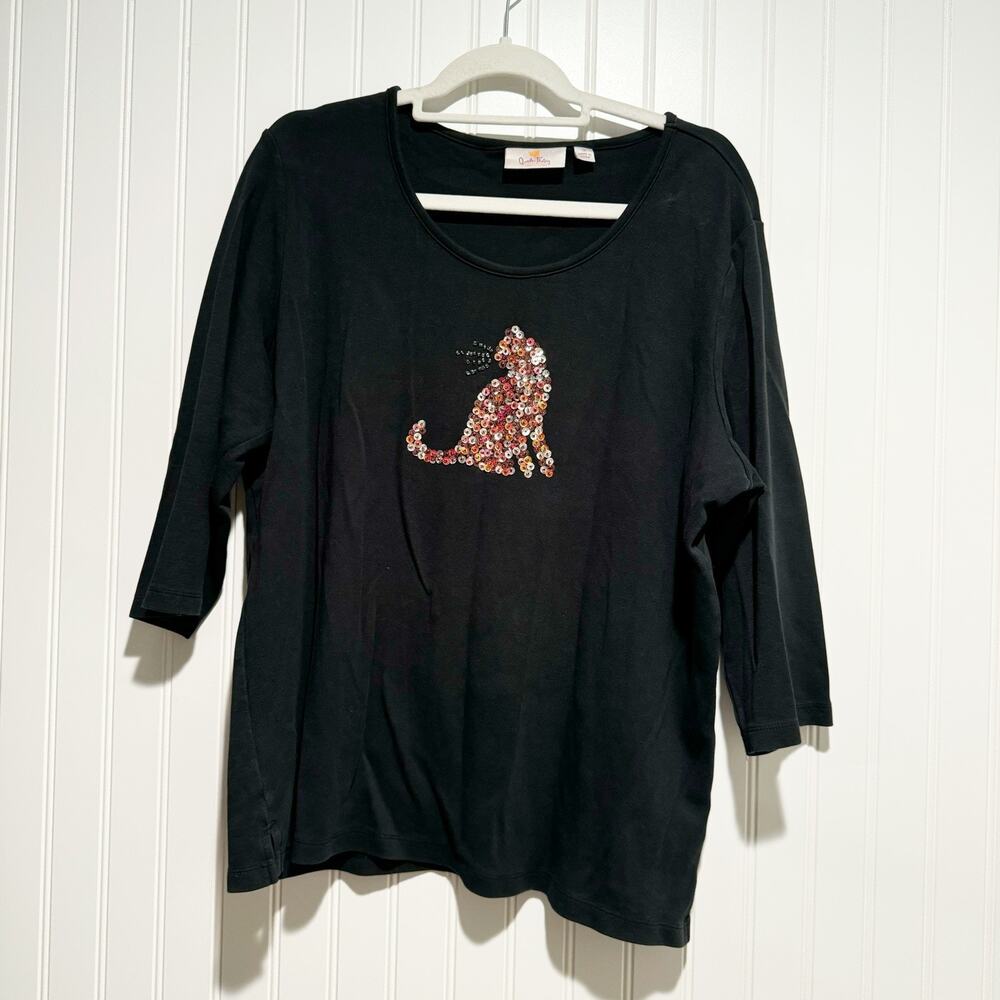 Quacker Factory Black Sequined Cat Top Plus Size 1X